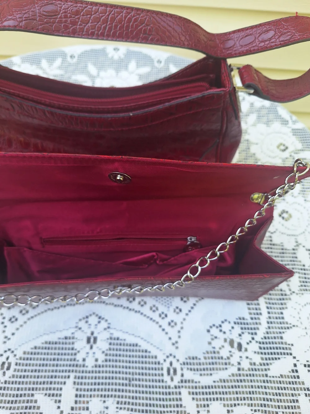 Red Croc-Embossed Shoulder Bag & Clutch Set
